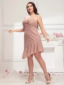 SHEIN Belle Vestido de dama de honor de espalda abierta con cordón fruncido bajo con fruncido halter - Rosa vieja - Ver 4
