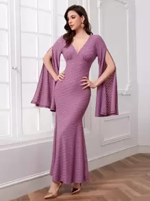 Modelyn Surplice Neck Split Sleeve Mermaid Hem Textured Arabian Dress - Mauve Purple - View 1