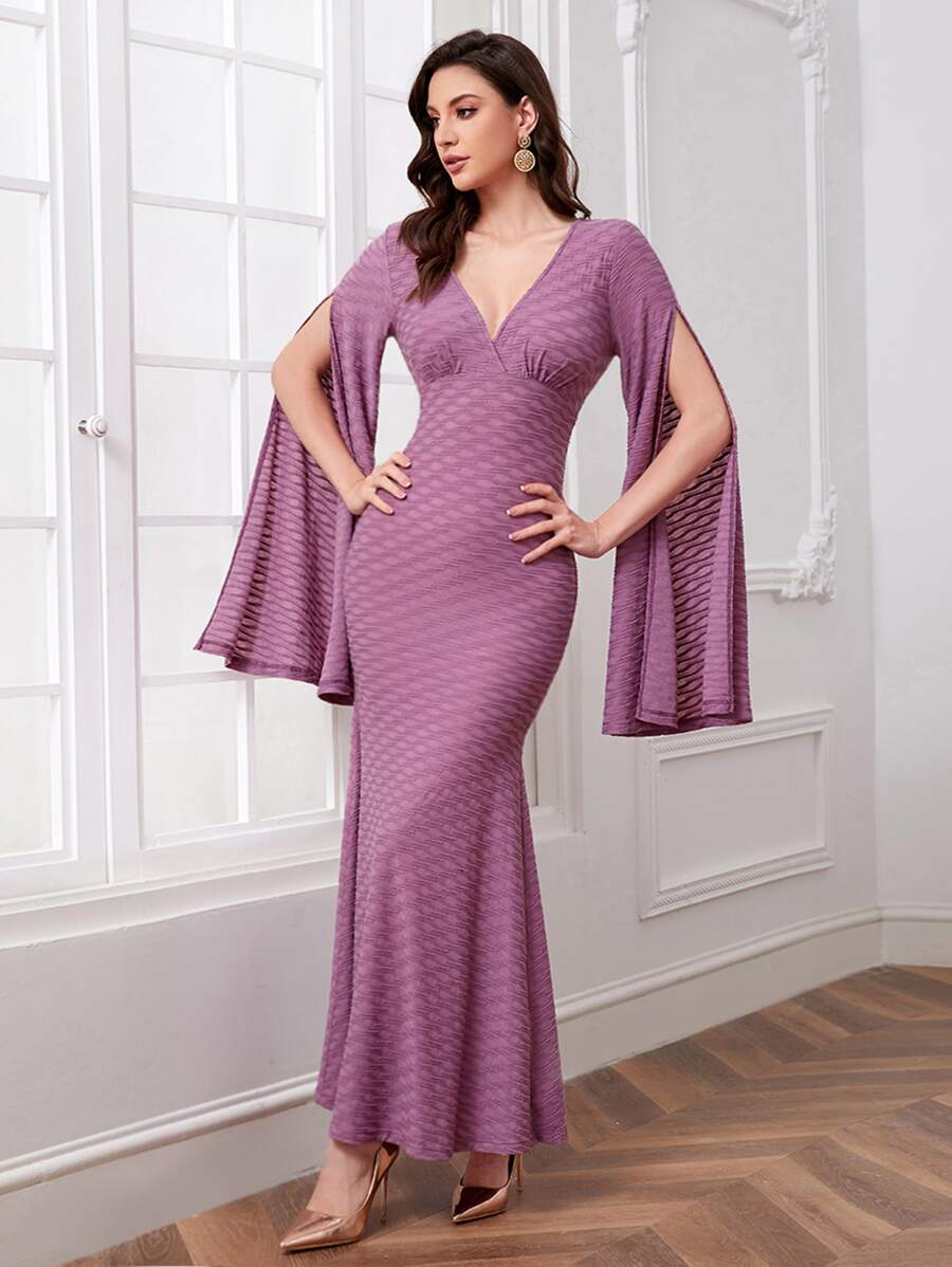 Modelyn Surplice Neck Split Sleeve Mermaid Hem Textured Arabian Dress - Mauve Purple - View 1