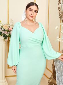 Modelyn Plus Solid Split Hem Lantern Sleeve Dress - Mint Green - View 5