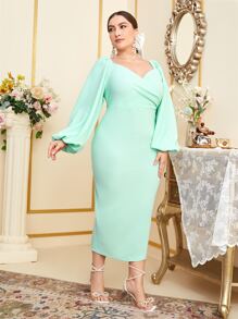 Modelyn Plus Solid Split Hem Lantern Sleeve Dress - Mint Green - View 1