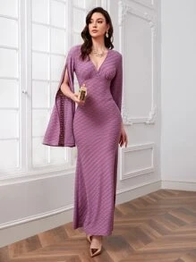 Modelyn Surplice Neck Split Sleeve Mermaid Hem Textured Arabian Dress - Mauve Purple - View 5