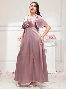 SHEIN Belle 大碼緞面圍裹胸襟後拉鏈伴娘洋裝 - 淡紫色 - 查看 3