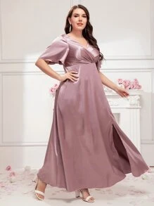 SHEIN Belle 大碼緞面圍裹胸襟後拉鏈伴娘洋裝 - 淡紫色 - 查看 4