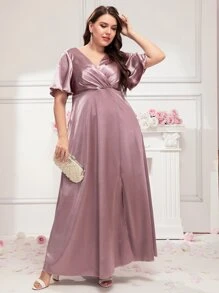 SHEIN Belle 大碼緞面圍裹胸襟後拉鏈伴娘洋裝 - 淡紫色 - 查看 5