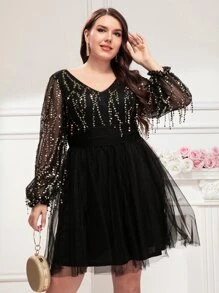 SHEIN Belle Plus Contrast Sequin Mesh Overlay Dress - Black - View 1