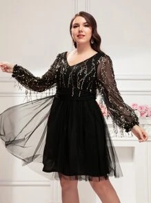 SHEIN Belle Plus Contrast Sequin Mesh Overlay Dress - Black - View 4