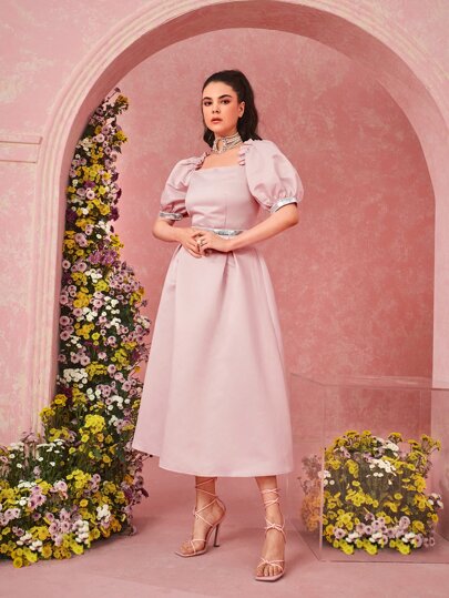 Modelyn Square Neck Puff Sleeve Sequin Taped Satin Dress