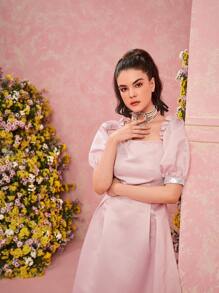 Modelyn 方領泡泡袖亮片織帶緞面連衣裙 - 淺粉色 - 查看 3