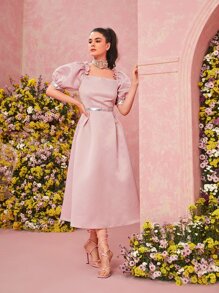 Modelyn 方領泡泡袖亮片織帶緞面連衣裙 - 淺粉色 - 查看 8