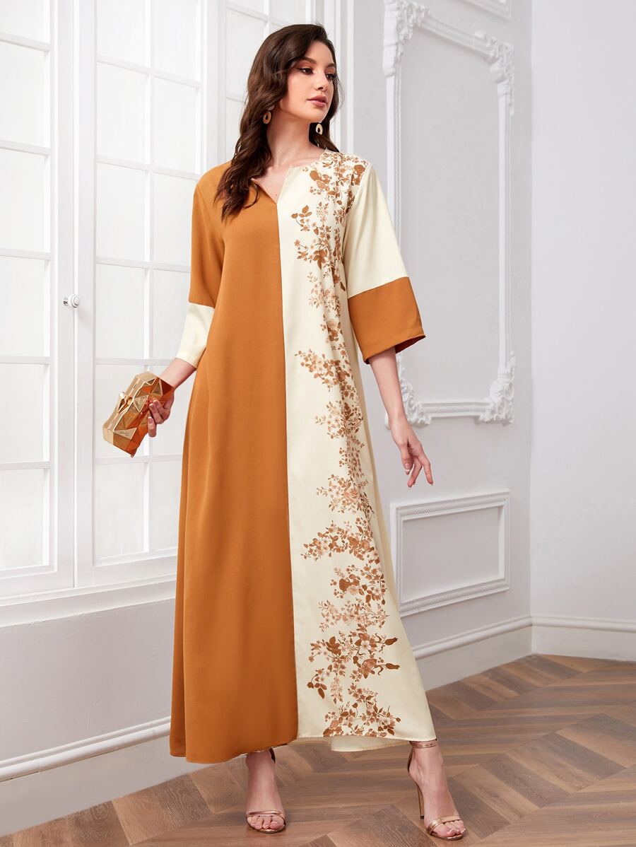Al Najma Váy Kaftan Ả Rập giản dị in hoa cổ khoét màu - Nhiều màu - Xem 1