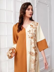 Al Najma Váy Kaftan Ả Rập giản dị in hoa cổ khoét màu - Nhiều màu - Xem 4