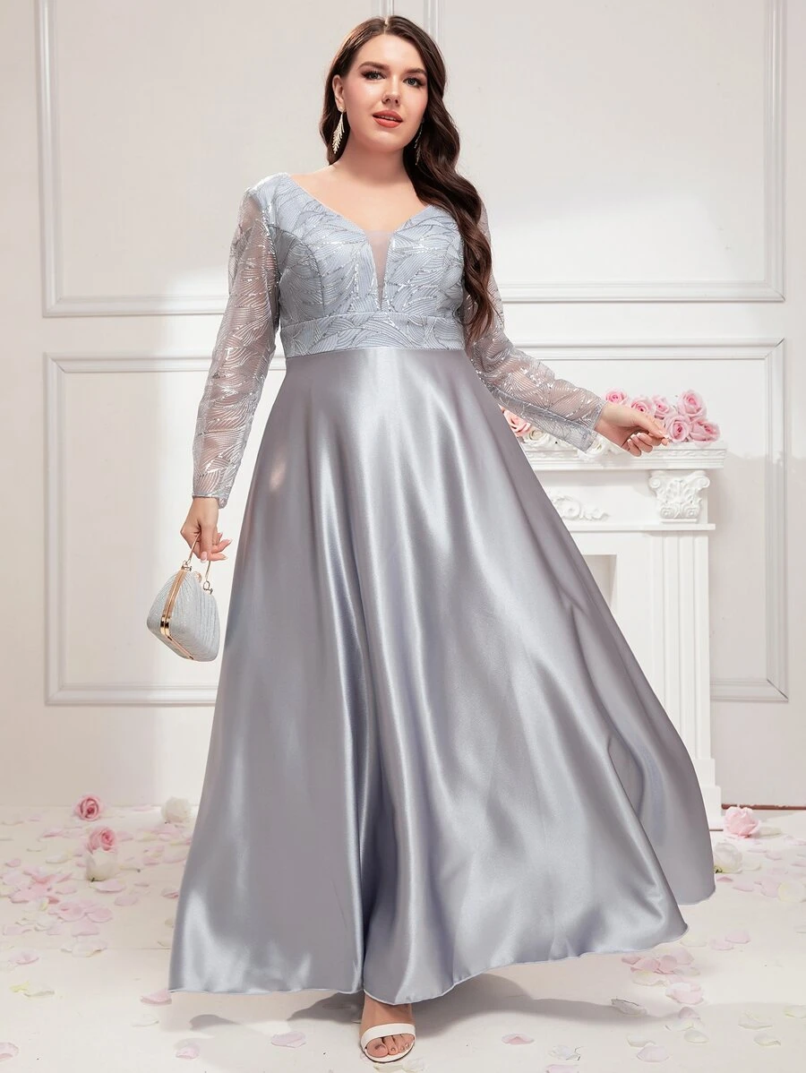 SHEIN Belle Plus Sequin Detail Zip Back Satin Formal Bridesmaid Dress - Silver - View 1