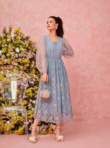 Modelyn 拼接網紗燈籠袖蕾絲洋裝 - 霧霾藍 - 查看 1