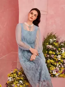 Modelyn 拼接網紗燈籠袖蕾絲洋裝 - 霧霾藍 - 查看 3