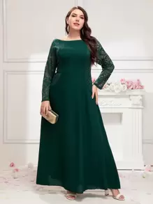 SHEIN Belle Plus Contrast Lace Boat Neck Bridesmaid Dress - Dark Green - View 1