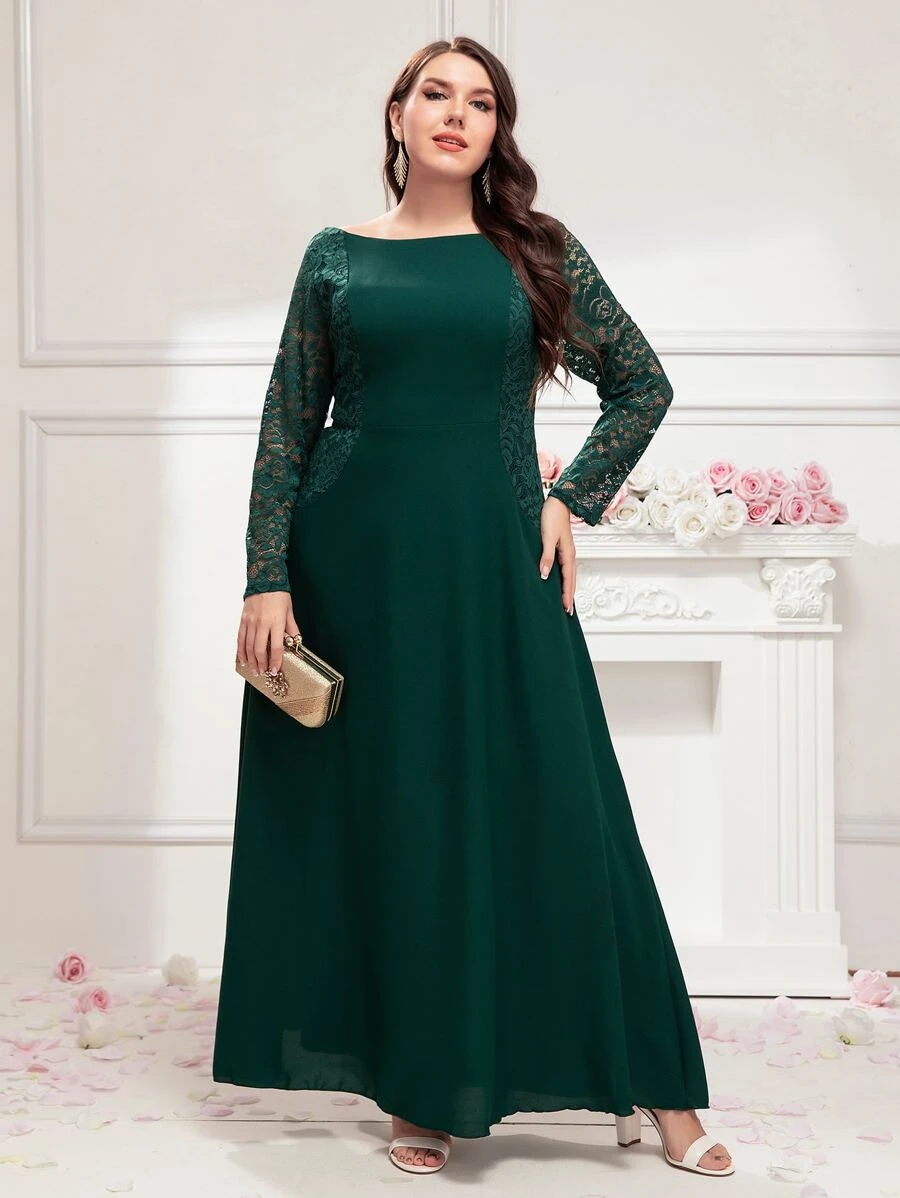 SHEIN Belle Plus Contrast Lace Boat Neck Bridesmaid Dress - Dark Green - View 1