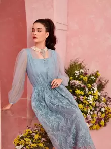 Modelyn 拼接網紗燈籠袖蕾絲洋裝 - 霧霾藍 - 查看 6