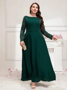 SHEIN Belle Plus Contrast Lace Boat Neck Bridesmaid Dress - Dark Green - View 3