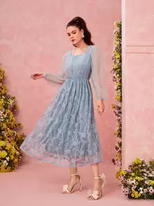 Modelyn 拼接網紗燈籠袖蕾絲洋裝 - 霧霾藍 - 查看 7