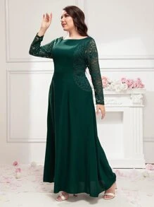 SHEIN Belle Plus Contrast Lace Boat Neck Bridesmaid Dress - Dark Green - View 4