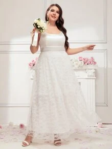 SHEIN Belle Plus Solid Lace Wedding Dress - White - View 1