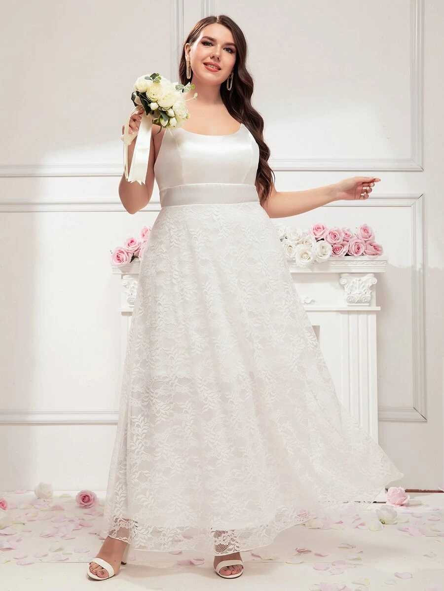 SHEIN Belle Plus Solid Lace Wedding Dress - White - View 1