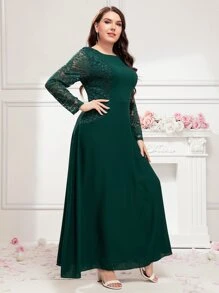 SHEIN Belle Plus Contrast Lace Boat Neck Bridesmaid Dress - Dark Green - View 5