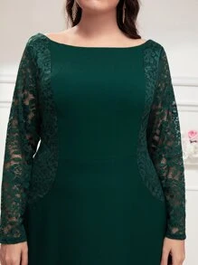 SHEIN Belle Plus Contrast Lace Boat Neck Bridesmaid Dress - Dark Green - View 6