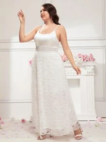 SHEIN Belle Plus Solid Lace Wedding Dress - White - View 3