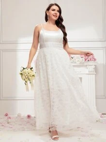 SHEIN Belle Plus Solid Lace Wedding Dress - White - View 6