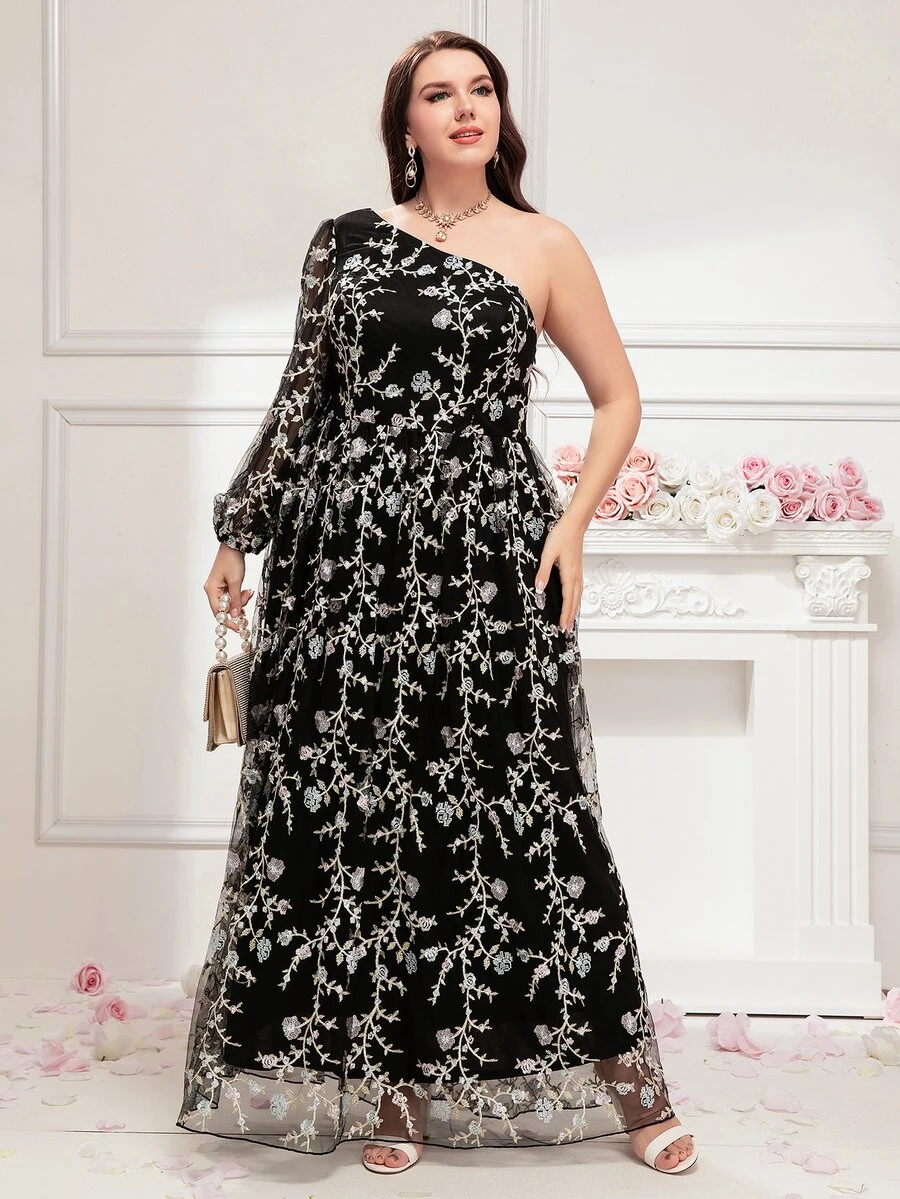 SHEIN Belle Váy lưới thêu hoa Plus One Shoulder - màu đen - Xem 1