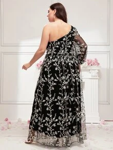 SHEIN Belle Váy lưới thêu hoa Plus One Shoulder - màu đen - Xem 2