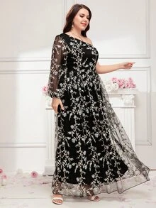 SHEIN Belle Váy lưới thêu hoa Plus One Shoulder - màu đen - Xem 4