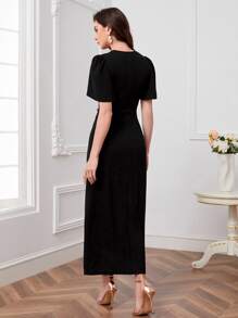 Modelyn Vestido de cuello esmoquin con botón delantero de muslo con abertura - Negro - Ver 3