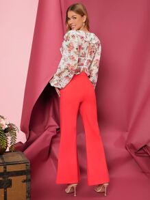 SHEIN VCAY Floral Print Ruffle Trim Lace Crop Top - Multicolor - View 2