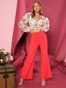 SHEIN VCAY Floral Print Ruffle Trim Lace Crop Top - Multicolor - View 3