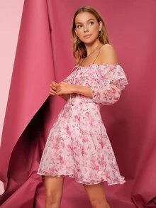SHEIN Cold Shoulder Ruffle Trim Lace Up Front Allover Floral Organza Dress - Multicolor - View 4