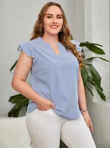 EMERY ROSE Áo sơ mi Plus Size Xù Sọc Dễ thương - Xanh và trắng - Xem 1