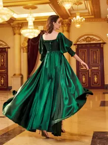 Modelyn Embroidery Floral Off Shoulder Shirred Cuff Slit Dress Maxi Women Outfit Long Evening Dresses - Dark Green - View 2