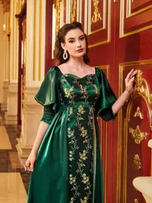 Modelyn Embroidery Floral Off Shoulder Shirred Cuff Slit Dress Maxi Women Outfit Long Evening Dresses - Dark Green - View 3