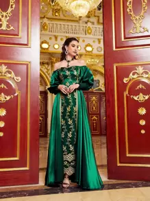 Modelyn Embroidery Floral Off Shoulder Shirred Cuff Slit Dress Maxi Women Outfit Long Evening Dresses - Dark Green - View 7