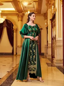 Modelyn Embroidery Floral Off Shoulder Shirred Cuff Slit Dress Maxi Women Outfit Long Evening Dresses - Dark Green - View 9