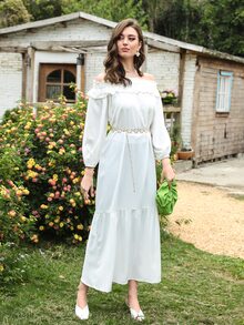 Modelyn 一字肩荷葉邊燈籠袖連衣裙 - 白色 - 查看 4