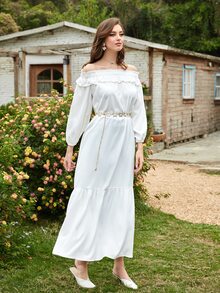 Modelyn 一字肩荷葉邊燈籠袖連衣裙 - 白色 - 查看 6