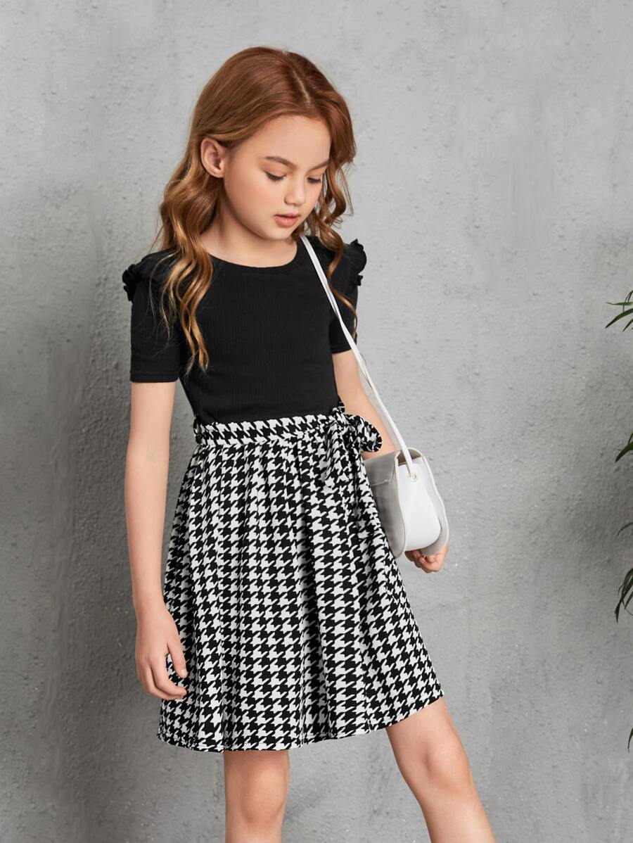 SHEIN Cô gái Tween In Houndstooth Váy có thắt lưng - Đen và trắng - Xem 1