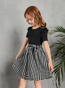 SHEIN Cô gái Tween In Houndstooth Váy có thắt lưng - Đen và trắng - Xem 4