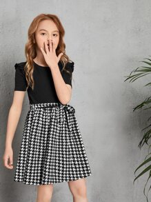 SHEIN Cô gái Tween In Houndstooth Váy có thắt lưng - Đen và trắng - Xem 5