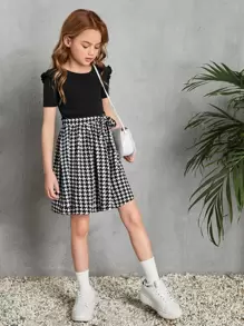 SHEIN Cô gái Tween In Houndstooth Váy có thắt lưng - Đen và trắng - Xem 6