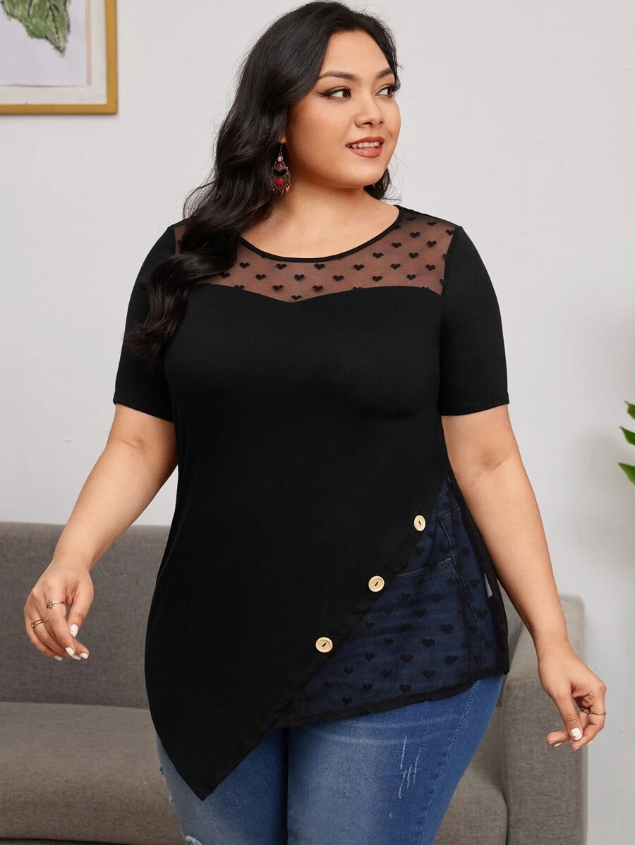 EMERY ROSE Áo thun lưới tương phản họa tiết trái tim viền bất đối xứng, mùa hè - màu đen - Xem 1